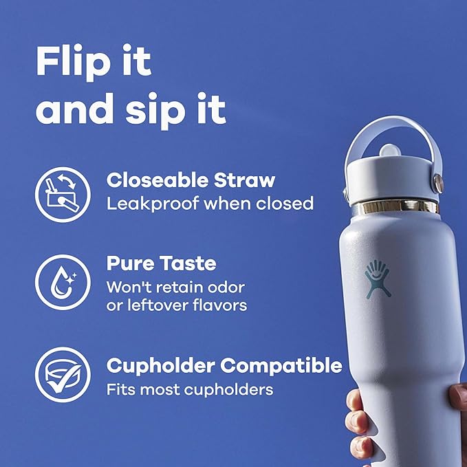 Hydro Flask Travel Water Bottle - Insulated Stainless Steel - Wide Straw Lid, Non Spill, Leakproof in 32 Oz Black