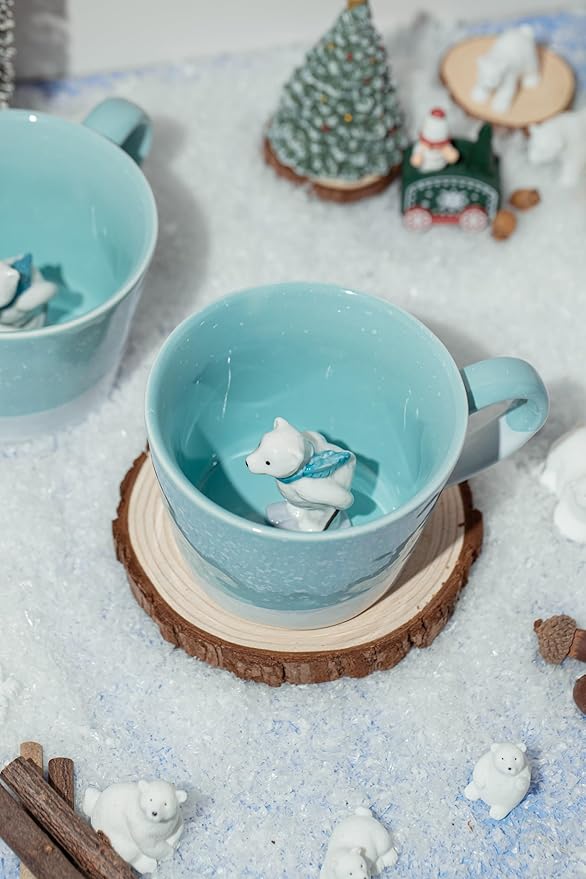 DIHOclub Skiing Polar Bear Ceramic Cup Hidden Animal Inside Mug Cute Cartoon Handmade Figurine Mugs,Holiday and Birthday Gift for Coffee Milk Tea Lovers,12 OZ(Blue White)