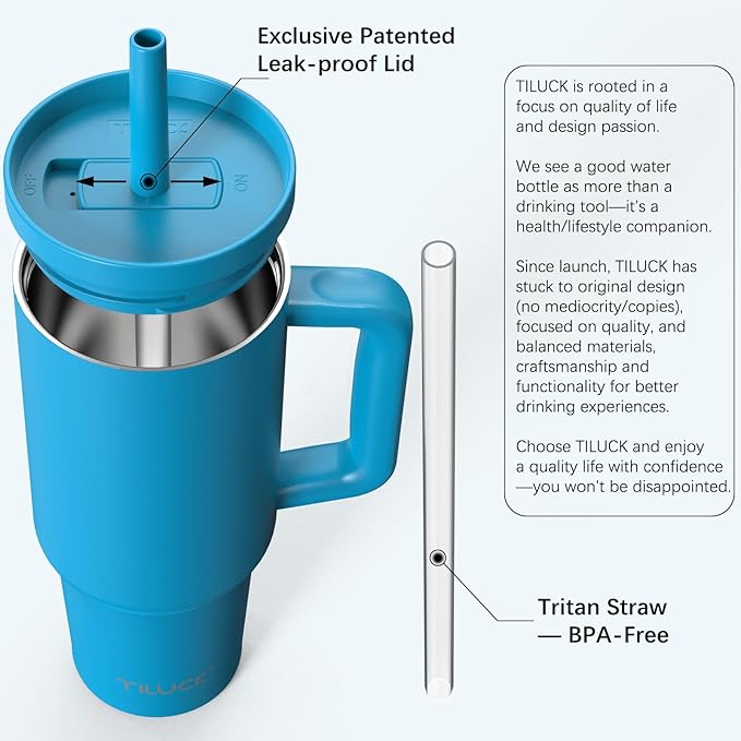 TILUCK 40 oz Tumbler with Handle, Vacuum Insulated Stainless Steel Travel Mug with 100% Leak-Proof Silicone Straw Lid, Cupholder Friendly Water Bottle(LakeBlue, 40oz)