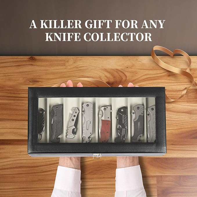 AUTOARK 2-Tier PU Leather & Velvet Knife Organizer with 17 Slots,Transparent Glass Top & Drawer,Compact Storage for Pocket Knives,Perfect for Men's Collections & Gifts,Black,MKAW015
