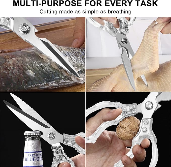 CGBE Kitchen Scissors, Multi-Purpose Kitchen Shears, Heavy Duty Dishwasher Safe Food Scissors for Chicken, Poultry, Fish, Meat & Herbs with Non-Slip Grips (Transparent)