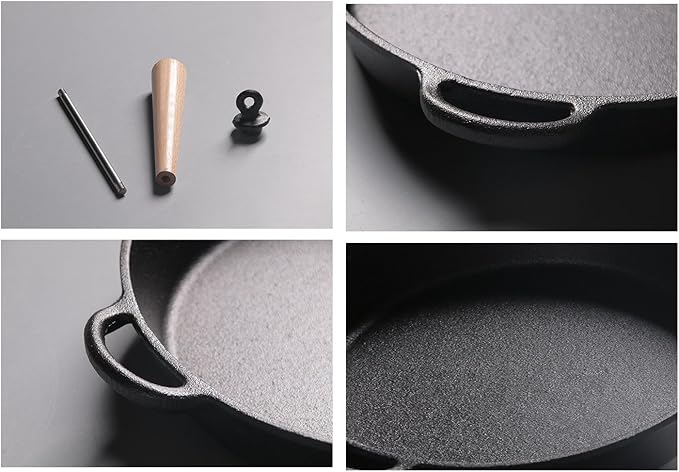 LI-GELISI Pre-Seasoned Cast Iron Round Griddle Cast Iron Round Frying Pan Wooden Handle 8.6 Inch