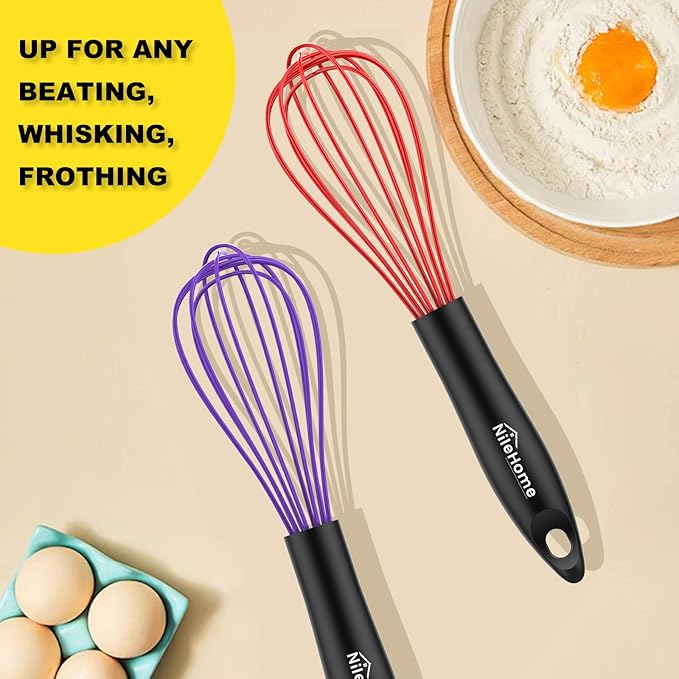 NileHome Silicone Whisk Set, 3 Pack Kitchen Whisk 10" Kitchen Wisk Wire Whisks for Cooking, Whisking, Blending, Beating, Stirring-Multicolor