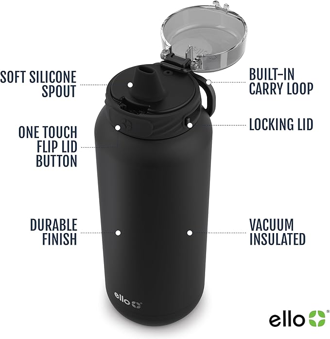 Ello Cooper 18oz Kids Stainless Steel Water Bottle with Straw and Carry Handle, Double Walled and Vacuum Insulated Metal, Leak Proof Locking Lid with Soft Silicone Spout, Reusable, BPA Free, Black