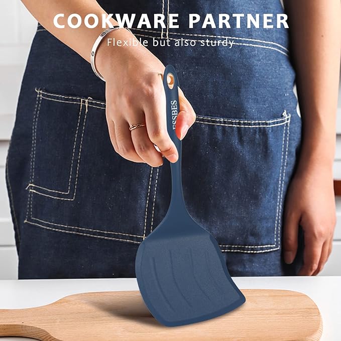 Extra Large Silicone Turner - 600F Heat Resistant Nonstick Flexible Kitchen Spatula, BPA Free Dishwasher Safe Utensils, Nonslip Grips One Piece Cookware Suitable for Cooking Baking (Blue)