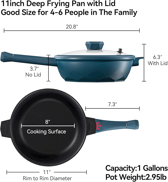 TIBORANG 8 in 1 Multipurpose 11 Inch 5 Quart Heat Indicator Nonstick Deep Frying Pan with Glass Lid,Steamed Grid,PFOA-Free,Dishwasher&Oven Safe,Works with All Stovetops (Dark Teal)