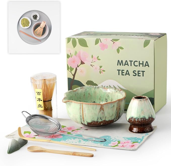 Matcha Whisk Set, Matcha Set with Bowl & Chasen & Chasen Holder, 8 Pcs Macha Kit Gift for Macha Lovers, Family, Friend（Green）