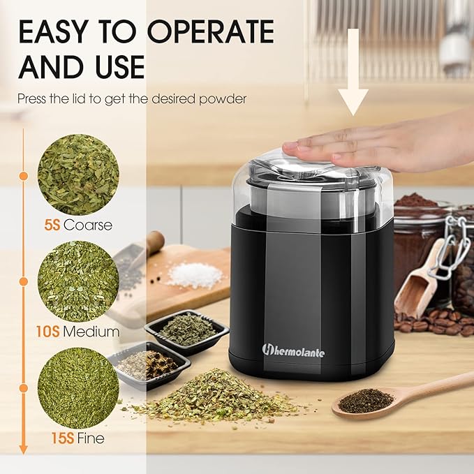 Herb Grinder Spice Grinder, 200 w Herb Grinder with Stainless Steel Blade and Cleaning Brush, Compact Size Electric Grinder for Herbs and Spices -5.11in (Black)
