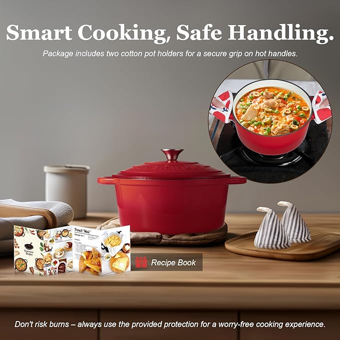 Overmont Enameled Cast Iron Dutch Oven - 7QT Pot with Lid Cookbook & Cotton Potholders - Heavy-Duty Cookware for Braising, Stews, Roasting, Bread Baking red