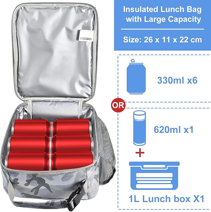 Insulated Lunch Bag, Leakproof Portable Lunch Box for Women Men Boys Girls, Large Capacity Cooler Bag for Office School Camping Hiking Outdoor Beach Picnic (Camo Grey)