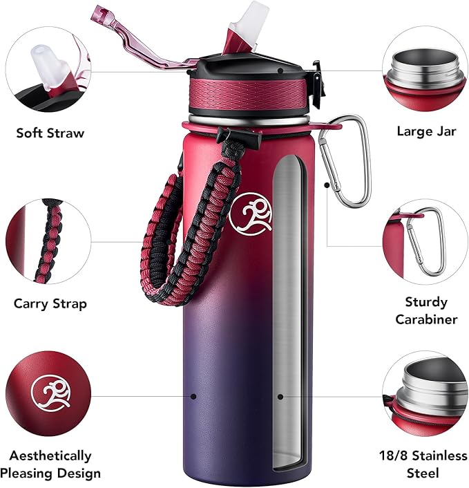 GOSWAG Insulated Sports Water Bottle, 24oz 2 Lids(with Straw/No Straw), Stainless Steel Water Bottles with Paracord Handle, Insulated Bottle with Double-Wall Vacuum Insulation