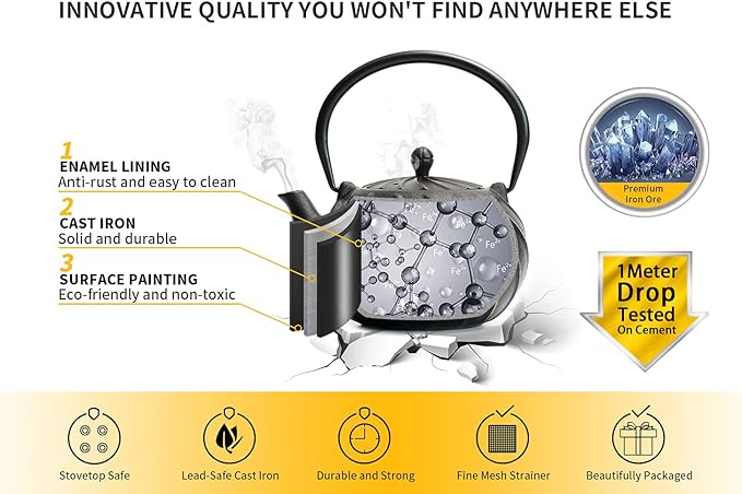Stovetop Tea Kettle, TOPTIER Japanese Cast Iron Tea Kettle with Infuser for Loose Leaf and Tea Bags, Cast Iron Teakettle Coated with Enameled Interior for 40 oz (1200 ml), Midnight Black