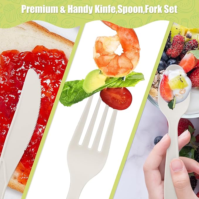 Fuyit 150 Count Compostable Cutlery Set, Disposable Biodegradable Utensils Eco-friendly Durable Cornstarch Flatware Includes 50 Forks, Knives & Spoons for Party, BBQ, Picnic & Potlucks (White)