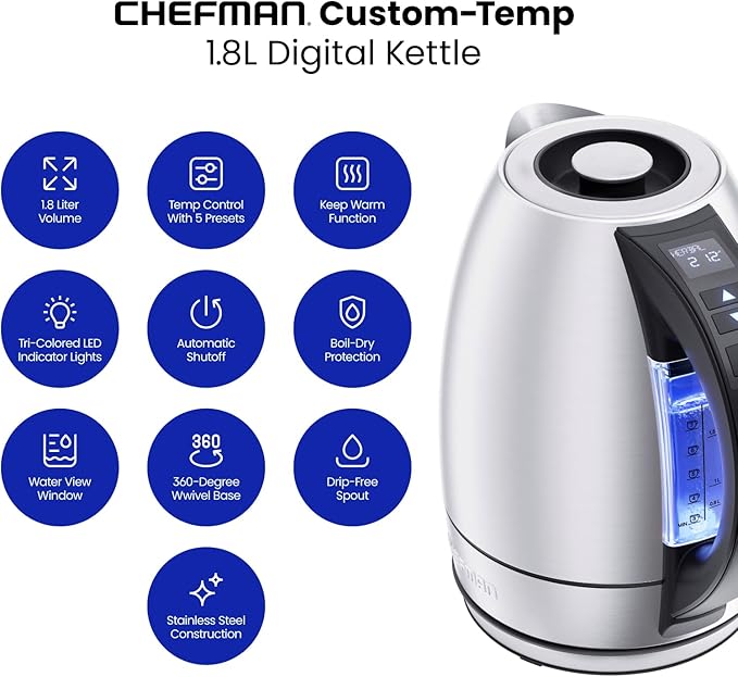 Chefman Electric Tea Kettle, 1.8 Liter Hot Water Electric Kettle Temperature Control Water Boiler with 5 Presets, Tri-Colored LED Lights, Keep Warm, Automatic Shutoff, Stainless