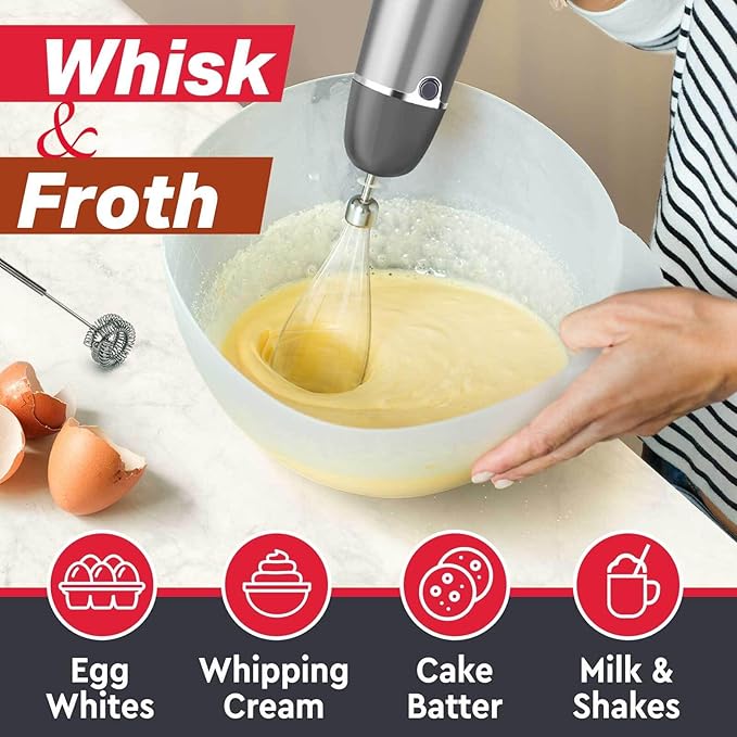 Mueller Multistick 5-in-1 Immersion Blender Handheld,12 Speed Hand Mixer-Turbo Boost,Heaviest Duty Copper Motor,Titanium reinforced Blades Hand Blender,Milk Frother Wand,Whisk,Beaker,Chopper,Grey