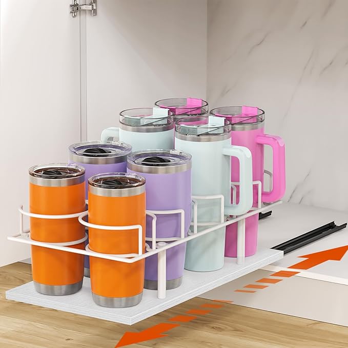 Housolution Pull Out Water Bottle Organizer for Cabinet, Slide Out Tumbler Storage Organizer for 10 to 40 oz Cups, Sliding Cup Holder Rack Compatible with Stanley, Owala and Other Brands, White