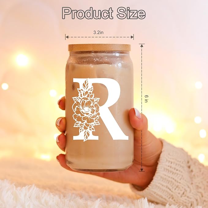 Coolife Initial Glass Cup, Monogrammed Gifts for Women, 16 oz Glass Cups w/Lids Straws, Iced Coffee Smoothie Beer Tumbler w/Straw Lid - Personalized Christmas, Birthday Gifts for Her Mom Friend Woman