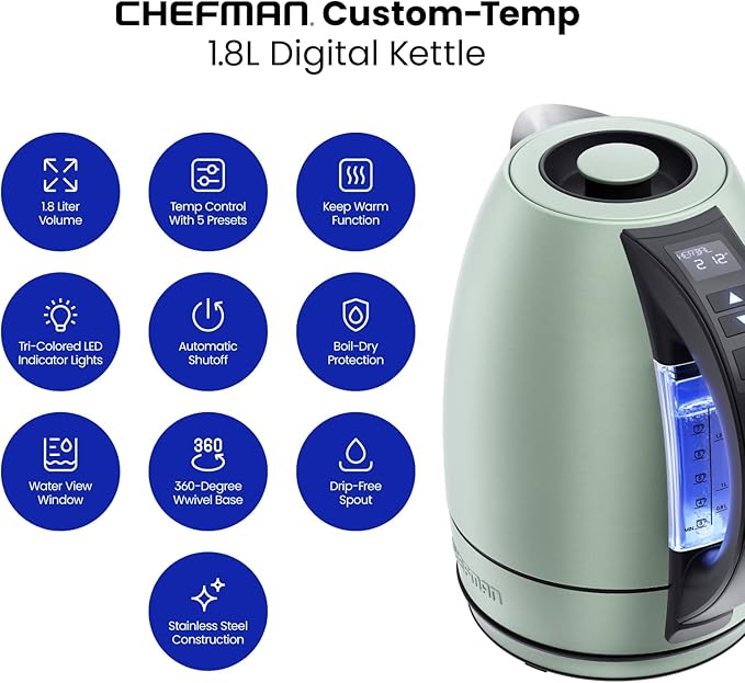 Chefman Electric Tea Kettle, 1.8 Liter Hot Water Electric Kettle Temperature Control Water Boiler with 5 Presets, Tri-Colored LED Lights, Keep Warm, Automatic Shutoff, Green