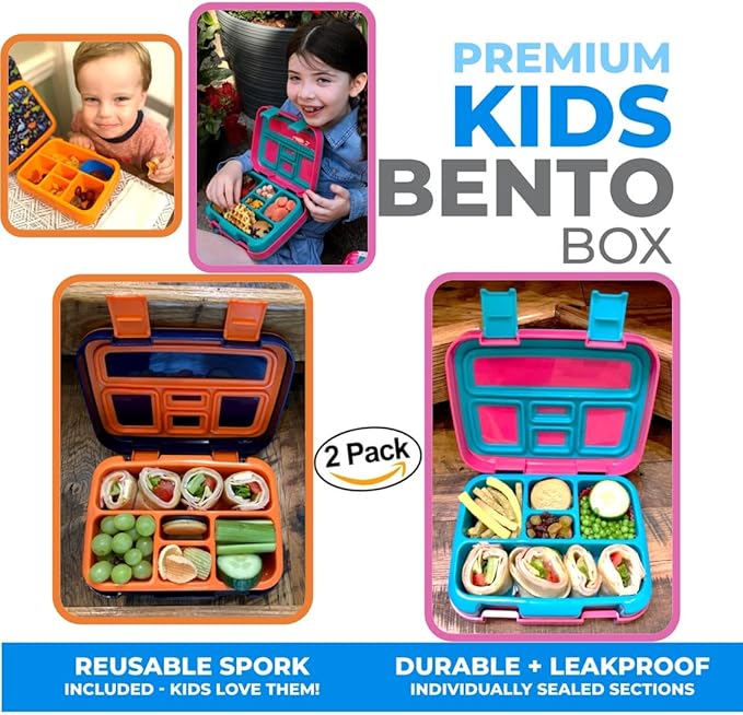 Bento Lunch Box for Kids Toddlers Boys Girls, 5 Portion Sections Secure Lid, Microwave Safe BPA Free Removable Tray, Pre-School Kid Daycare Lunches Snack Container, Unicorn Dinosaur 2 pack