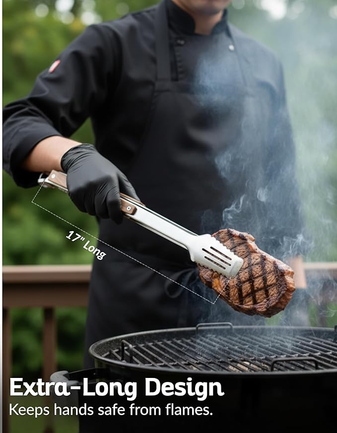 17-Inch Grill Tongs for Outdoor Grilling - Heavy Duty Stainless Steel Tongs with Luxurious Walnut Grip & Premium Gift Pouch - Extra Long BBQ Tongs for Grilling, Smoker & Outdoor Cooking