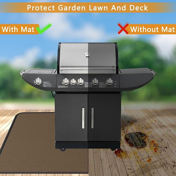Anze Under Grill Mat for Outdoor Grill, 24x42 Inch Anti-Slip BBQ Floor Mats, Easy to Clean Reusable Fireproof Grill Pad, Oil-Proof Waterproof Protector for Indoor Fireplace Pit Mat Brown