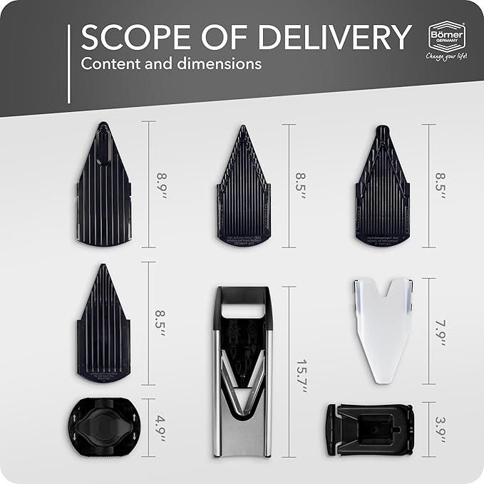Börner Mandline Slicer V6 (Profi Set) • Stainless Steel Slicer with V-Blade • Adjustable Vegetable Slicer for Vegetables & Fruits • Slices, Strips & Dices in Various Thicknesses • Grater