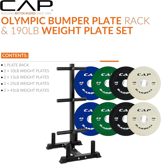CAP Barbell 2-Inch Olympic Bumper Plate Weight Set with 6 Post Rack | 100-370 lbs | Multiple Options