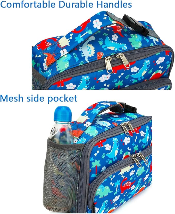 FlowFly Kids Lunch box Insulated Soft Bag Mini Cooer Back to School Thermal Meal Tote Kit for Girls, Boys,Dinosaur