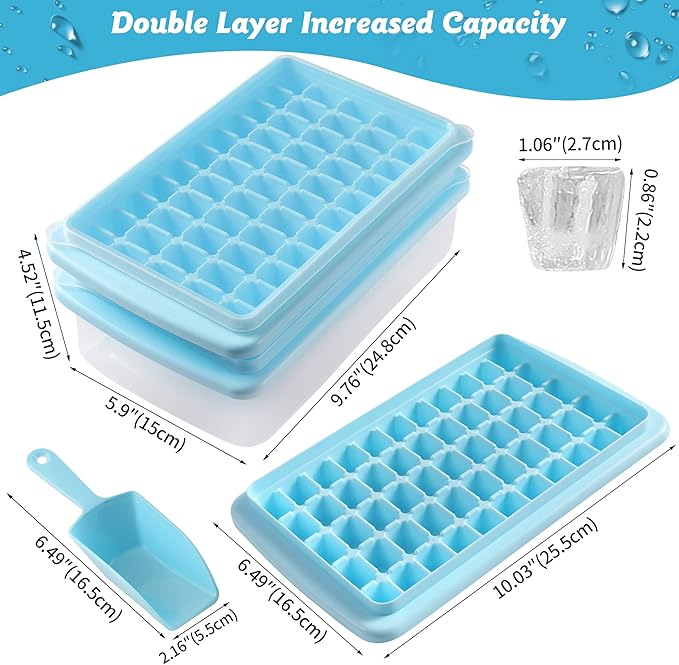 2 Pack Ice Cube Tray with Lid and Bin for Freezer, Easy Release 55 Nugget Ice Tray with Cover, Storage Container, Scoop. Perfect Small Ice Cube Maker Tray & Mold. Flexable Durable Plastic, BPA Free