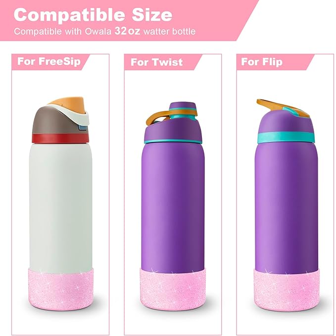 2PCS Glitter Silicone Boot for Owala Water Bottle, Anti-Slip Protective Sleeve for Owala Twist,FreeSip and Flip Stainless Steel Water Bottle, BPA-Free, Dishwasher Safe, Accessories