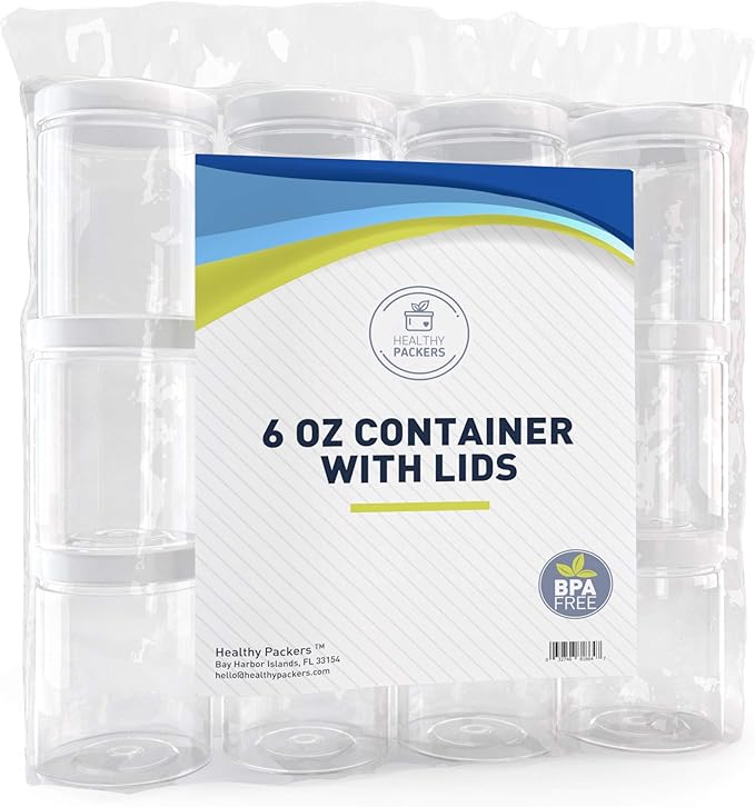 6 oz Plastic Jars with Lids (12 pack) - Clear Empty Containers for Body Lotions, Creams, Butters - Great for Storage and Organization of Crafts, Teas, and Spices