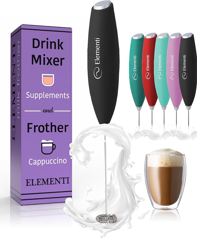 Elementi Drink Mixer Handheld - Electric Stirrer and Powerful Protein Powder Mixer Wand, Easy-to-Use Mini Frother Wand for Quick Delicious Cocktails, Milk Frother and Coffee Stirrers (Black)