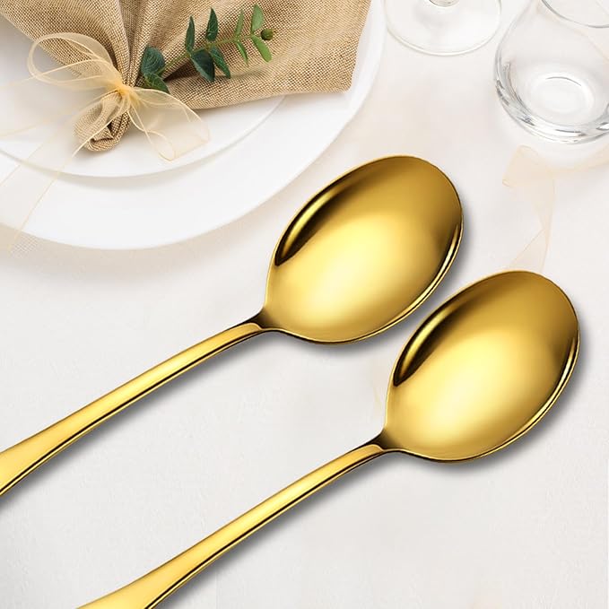 Stainless Steel Serving Spoons Set, 8pc, 10-Inch, Includes 8 Large Spoons, for Parties/Kitchen/Buffet/Catering, Dishwasher Safe, Gold