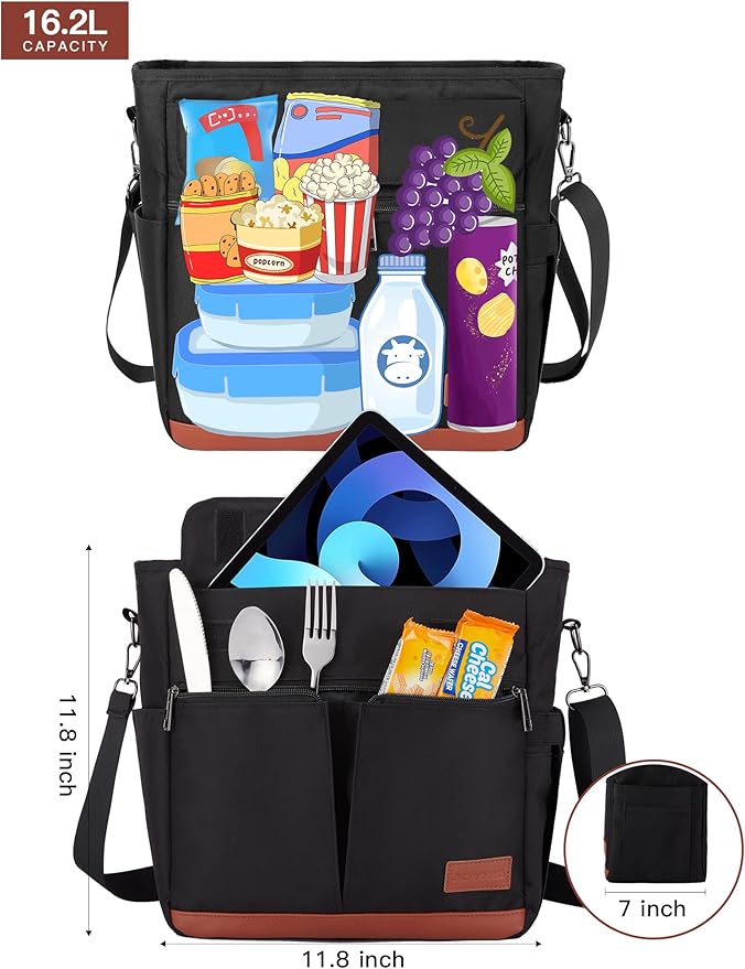 JOYHILL Lunch Bag - Insulated, Leakproof Lunch Tote with Shoulder Strap for Adults - Work, Picnic, Camping, Beach (C-BLACK)