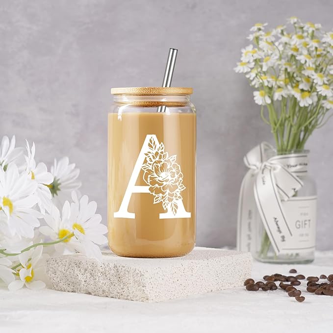 Coolife Initial Glass Cup, Monogrammed Gifts for Women, 16 oz Glass Cups w/Lids Straws, Iced Coffee Smoothie Beer Tumbler w/Straw Lid - Personalized Christmas, Birthday Gifts for Her Mom Friend Woman