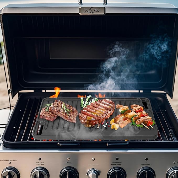 Large Cast Iron Griddle Insert, Universal Skillet, Oblong Grilling Pan for Stovetop,Pre-Seasoned Griddle Gas Stove Grill Plate Oven, 16.75" x 9.5" Reversible Pancake Pan for Weber,Charbroil etc.,1PC