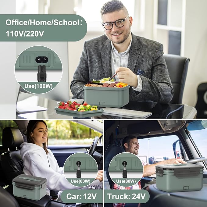 Electric Lunch Box Food Heater 100W, 4 in 1 Ultra Quick Heated Lunch Boxes for Adults 12V/24V/110V/220V Portable Food Warmer for Car/Truck/Office With Fork Spoon and Insulated Carry Bag