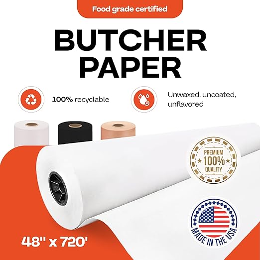 White Butcher Paper Roll 48" x 8640" (720 feet) - USA-Made Natural Food-Grade Paper for Cooking Meat and Fish - Unwaxed Material for Smoker, BBQ & Grilling by IDL Packaging