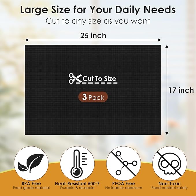 HOTEC Oven Liners for Bottom of Oven Heat-Resistant 500°F - 3 Pack 17x25" Large Heavy Duty Non-Stick Reusable Oven Mat for Electric, Gas, Toaster, Ovens - BPA & PFOA Free,Dishwasher Safe