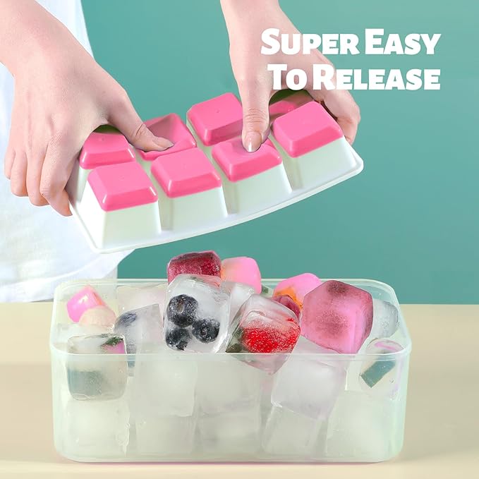 Large Ice Cube Trays with Lid, Jrisbo 2 Pack Stackable Silicone Ice Cube Molds for Freezer, Easy Release 16 Big Square Ice Trays for Whisky Cocktails (Pink)