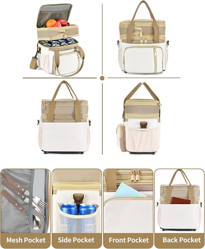 LOKASS Lunch Box for Women-Double Deck Insulated Adults Lunch Bag with Removable Shoulder Strap- Cute Wide Open Lunch Tote for Work/Office/Picnic/Beach/Travel (Brown)