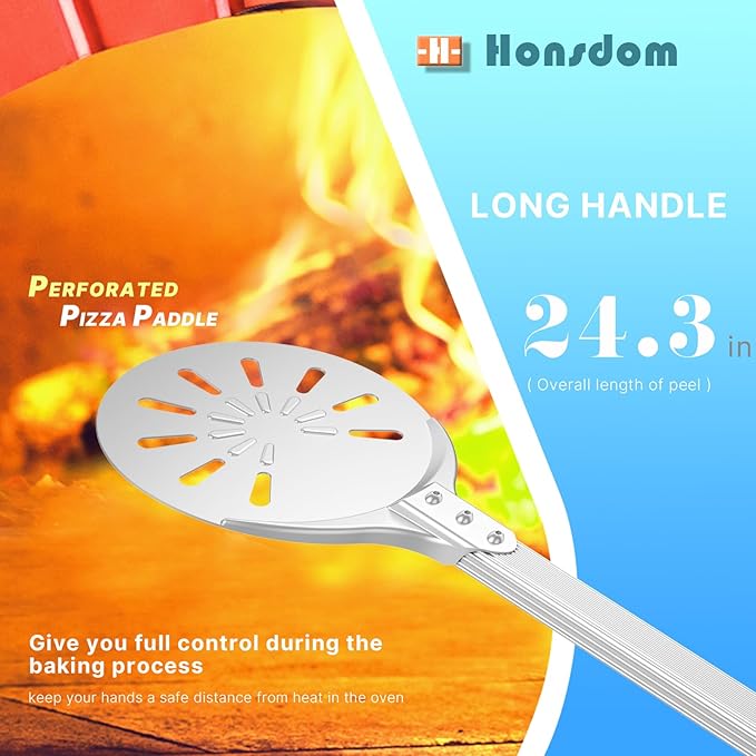 Pizza Turning Peel, 8-inch Pizza Peel Turner Spinner, Long Handle Perforated Aluminum Pizza Peel with Silicone Hook, Pizza Oven Accessories