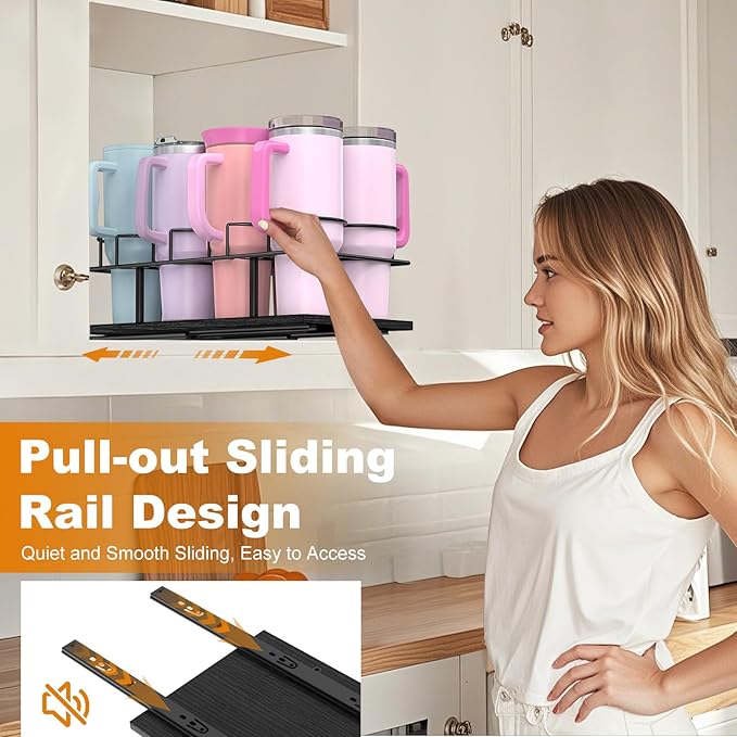Housolution Pull Out Water Bottle Organizer for Cabinet, Slide Out Tumbler Storage Organizer for 10 to 40 oz Cups, Sliding Cup Holder Rack Compatible with Stanley, Owala and Other Brands, Black