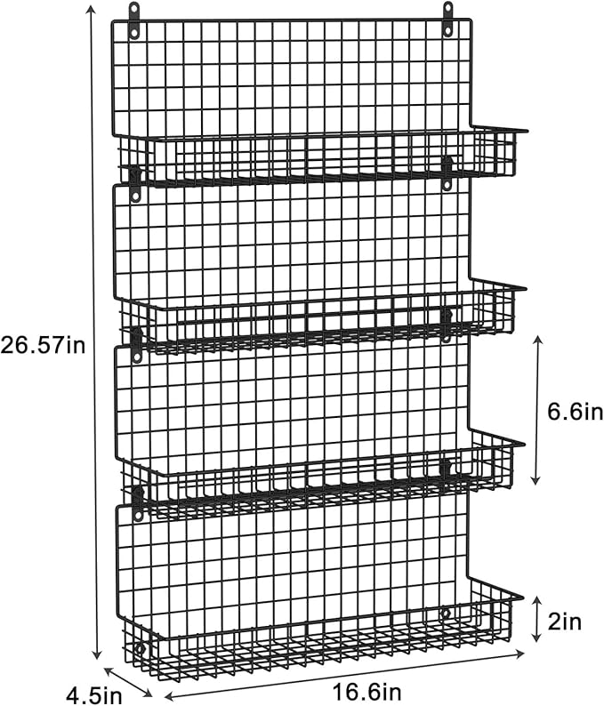X-cosrack Upgraded Spice Rack Organizer - Wall Mounted Large 4-Tier Stackable Spice Storage with 5 Hooks, Holds 80 Jars, for Kitchen Pantry Organization (Patent:D909138S)