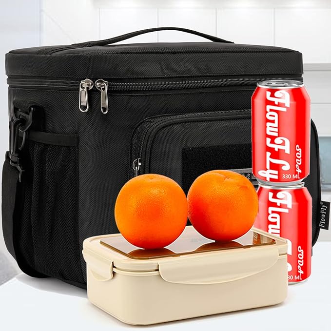 FlowFly Tactical Lunch Bag Large Insulated Lunch Box Cooler Tote for Men, Women with MOLLE/PALS Webbing (Black, Large)