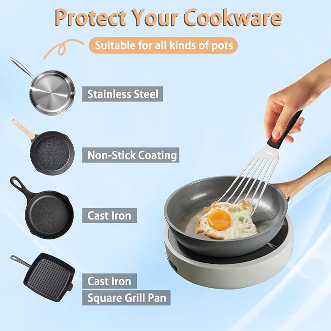 Fish Spatula Stainless Steel, Flexible Metal Spatulas with Silicone Handle, Slotted Turner for Kitchen, Cooking, Grilling, Flipping, Turning, Egg, Pancake and Burger (Small, 10.3 Inch)