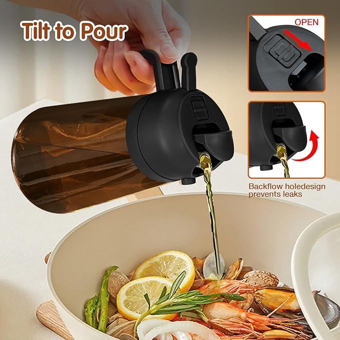 YARRAMATE 16oz/470ml Light Blocking Oil Sprayer for Cooking with Stickers, Food-Grade 2 in 1 Olive Oil Dispenser Bottle for Kitchen, Premium Dark Amber Glass Oil Bottle for Air Fryer, BBQ (Black)