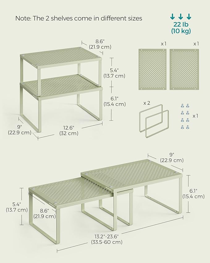 SONGMICS Spice Racks, Set of 4 Metal Cabinet Shelf Organizers, Countertop Organizers, Shelf Risers, Stackable, Expandable, Sage Green UKCS006C01