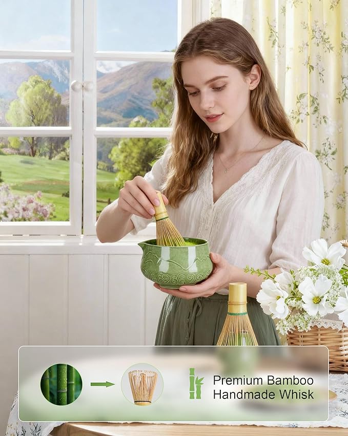 ZENS Matcha Whisk Set, 17oz Ceramic Matcha Set Includes Matcha Bowl and Matcha Cup, Bamboo Whisk & Chasen Holder, Sifter, Scoop & Tea Towel, 7pcs Matcha Kit for Matcha Latte, Emerald Green