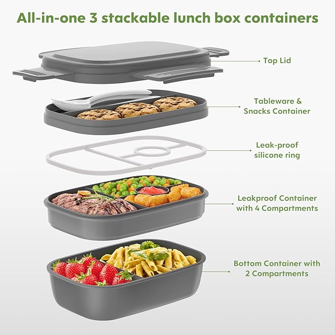Bento Box Adult Lunch Box,3 Stackable Bento Lunch Containers for Adults/Kids, Modern Minimalist Design Bento Box with Utensil Set, Leak-Proof Lunchbox for Dining Out, Work, Picnic, School